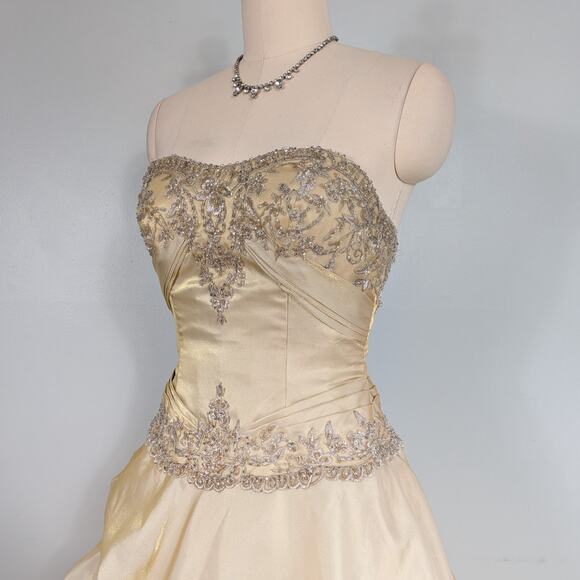 Princess Prom Dress Maxi Ball Gown 10 Yellow Fairy Y2K Beaded Glam Belle Lace - Picture 5 of 16